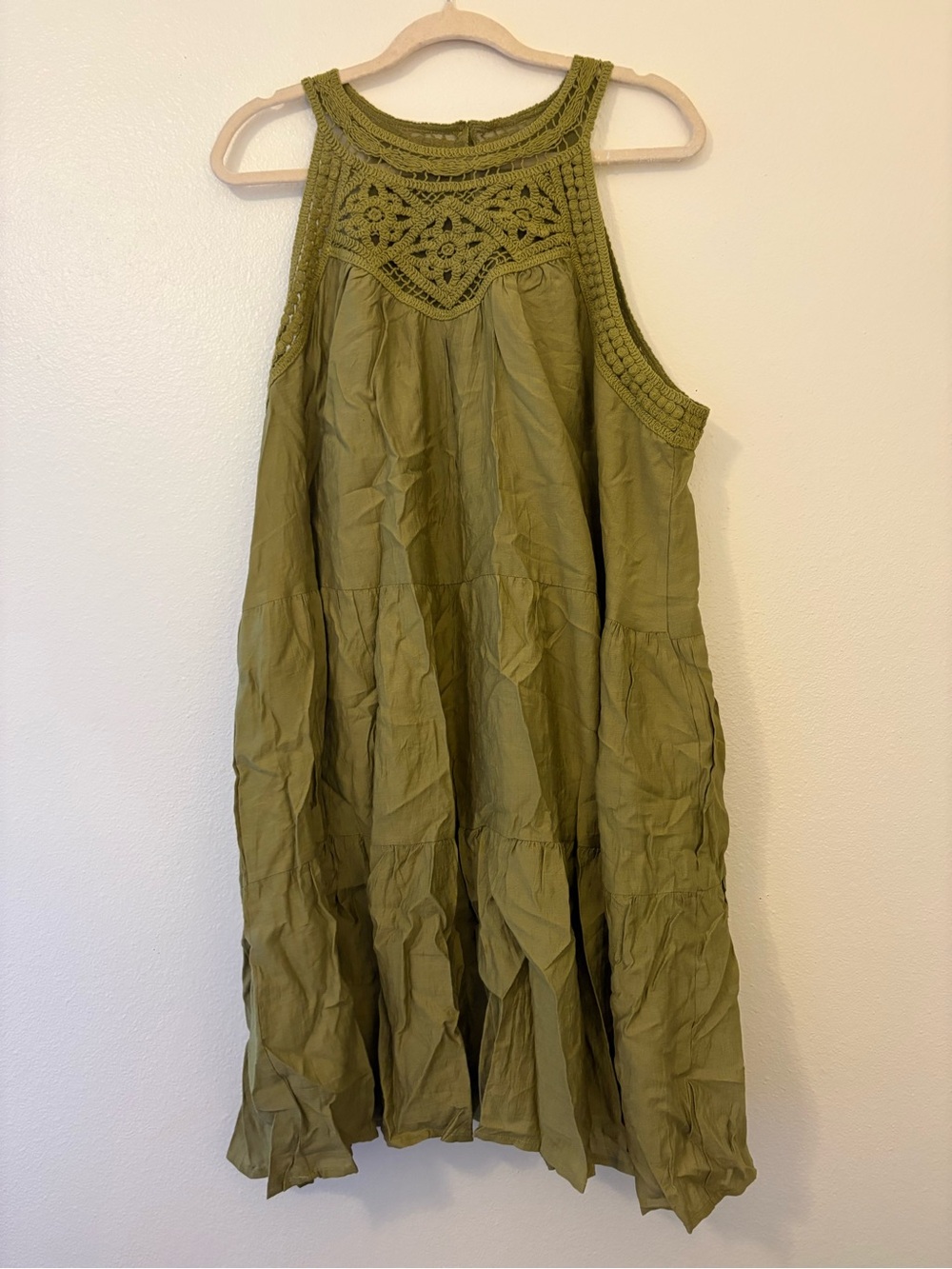 Crochet Yoke Olive Tiered Midi Dress